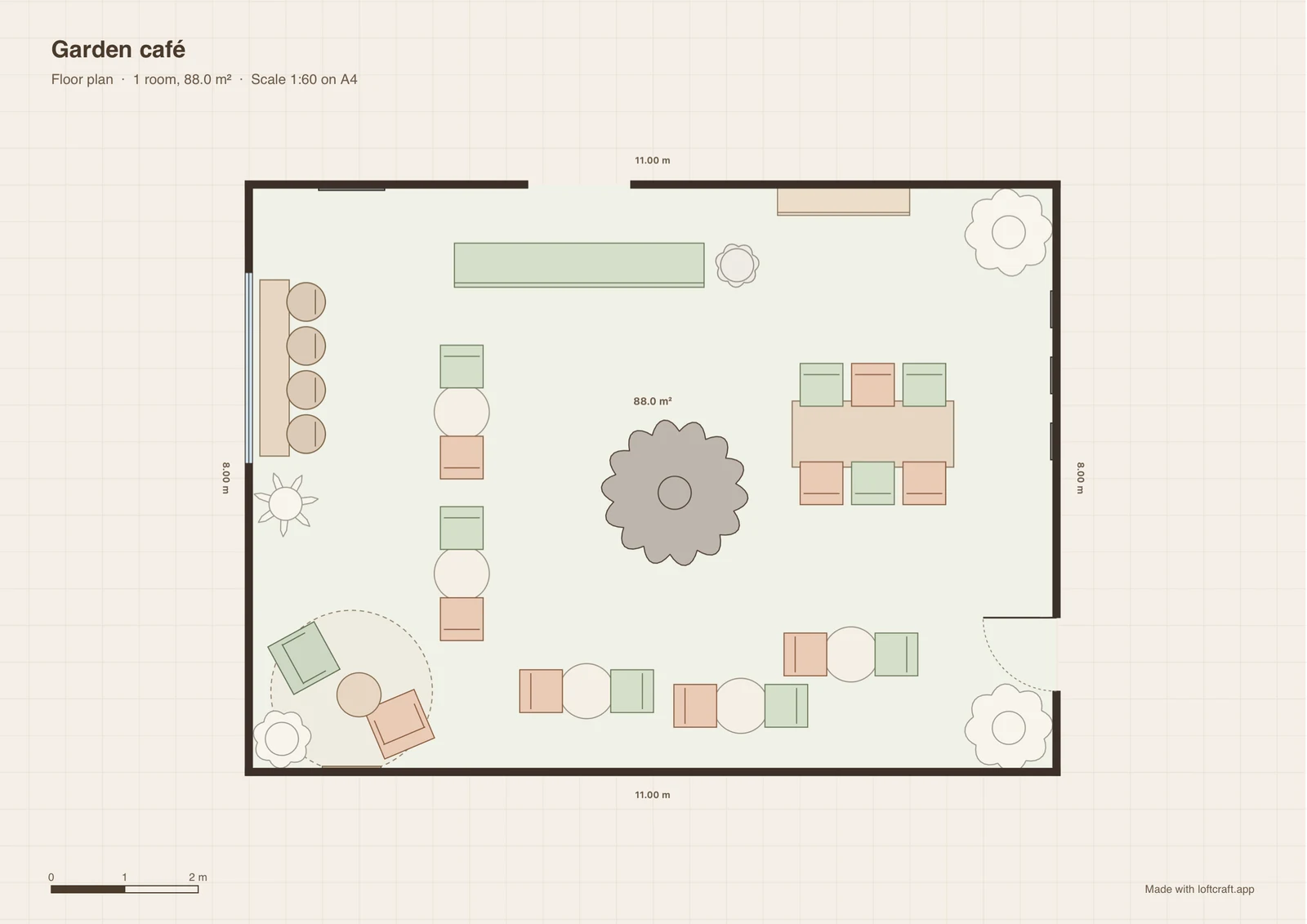 The garden café exported as an A4 PDF floor plan, with its title, room area, scale 1:60 and a scale bar
