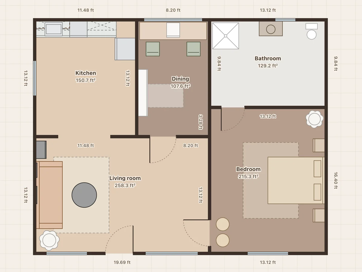 1BHK flat with study floor plan: 861 ft², 80 m², 1 bedroom, study, 1 bath