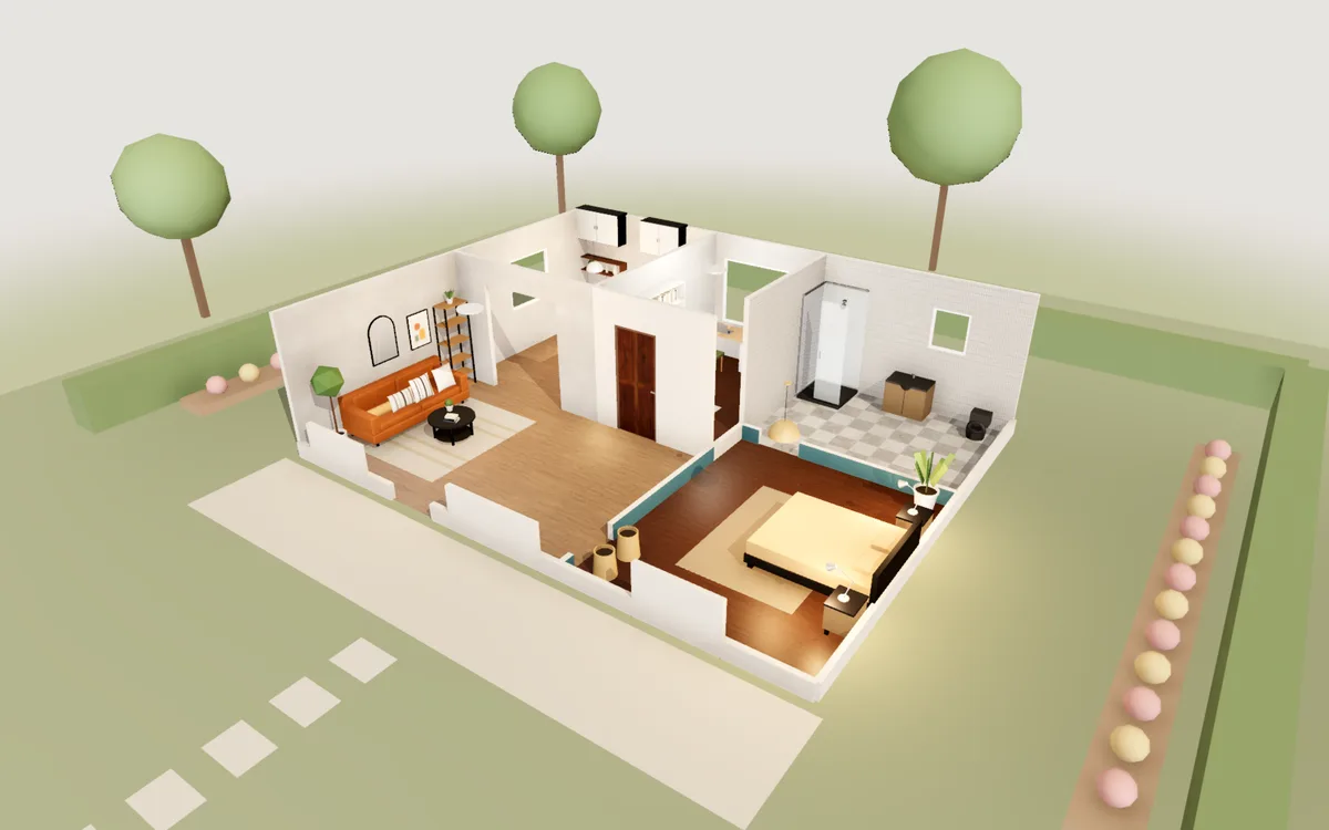 1BHK flat with study: 3D view of the layout from above