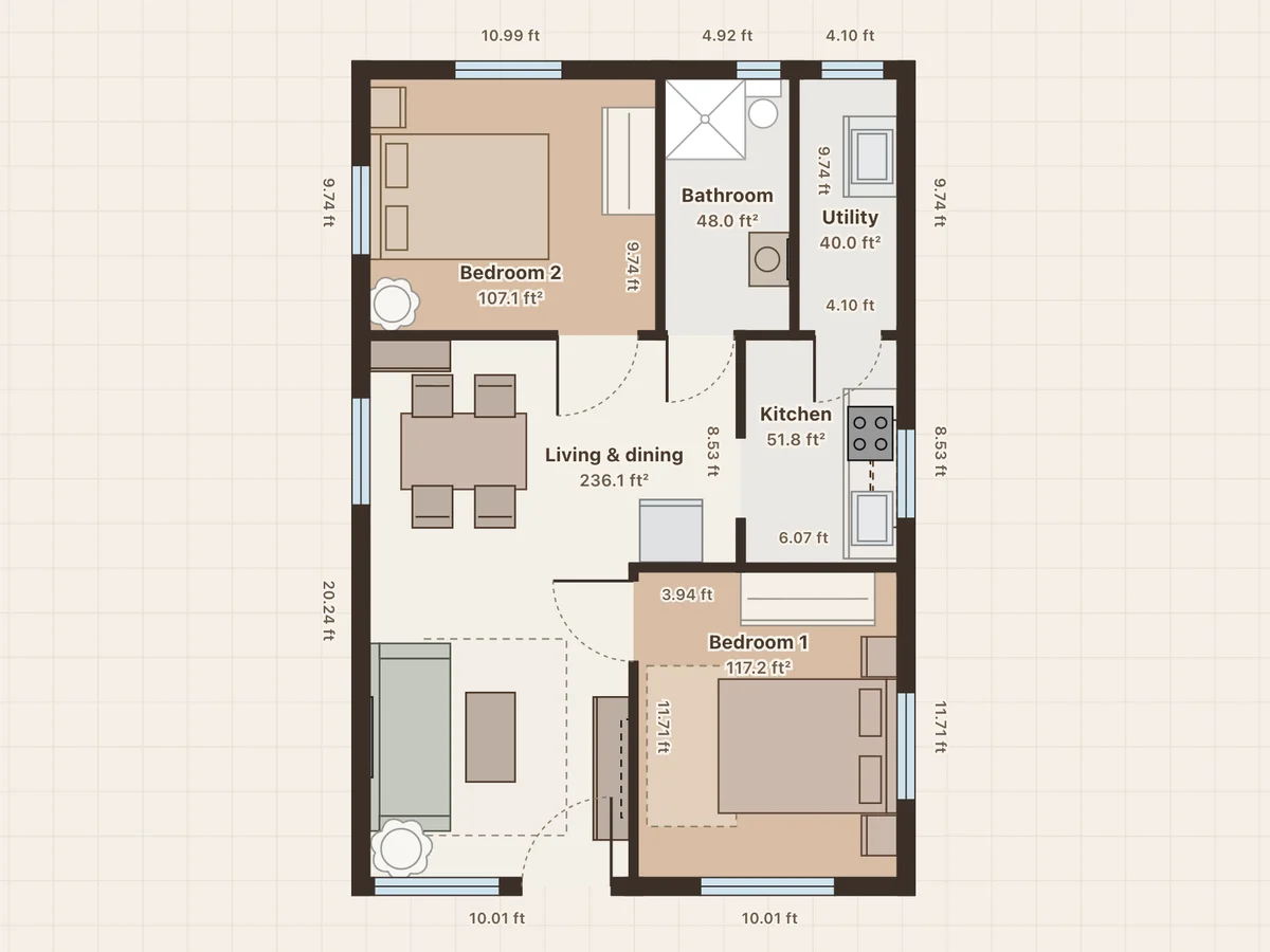 2BHK on a 20×30 plot floor plan: 20×30 ft plot, 600 ft², 2 bedrooms, 1 bath