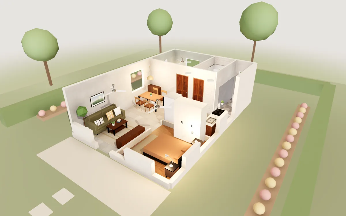 2BHK on a 20×30 plot: 3D view of the layout from above