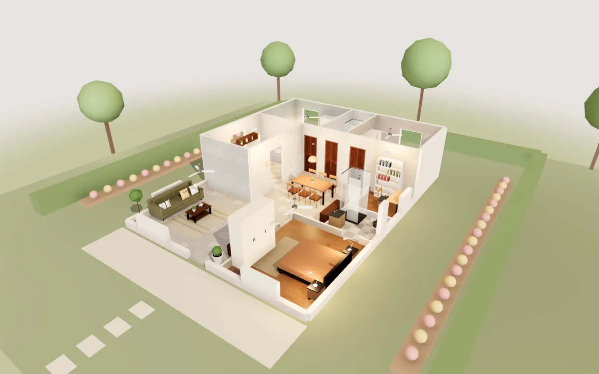 3BHK on a 30×40 plot: 3D view of the layout from above