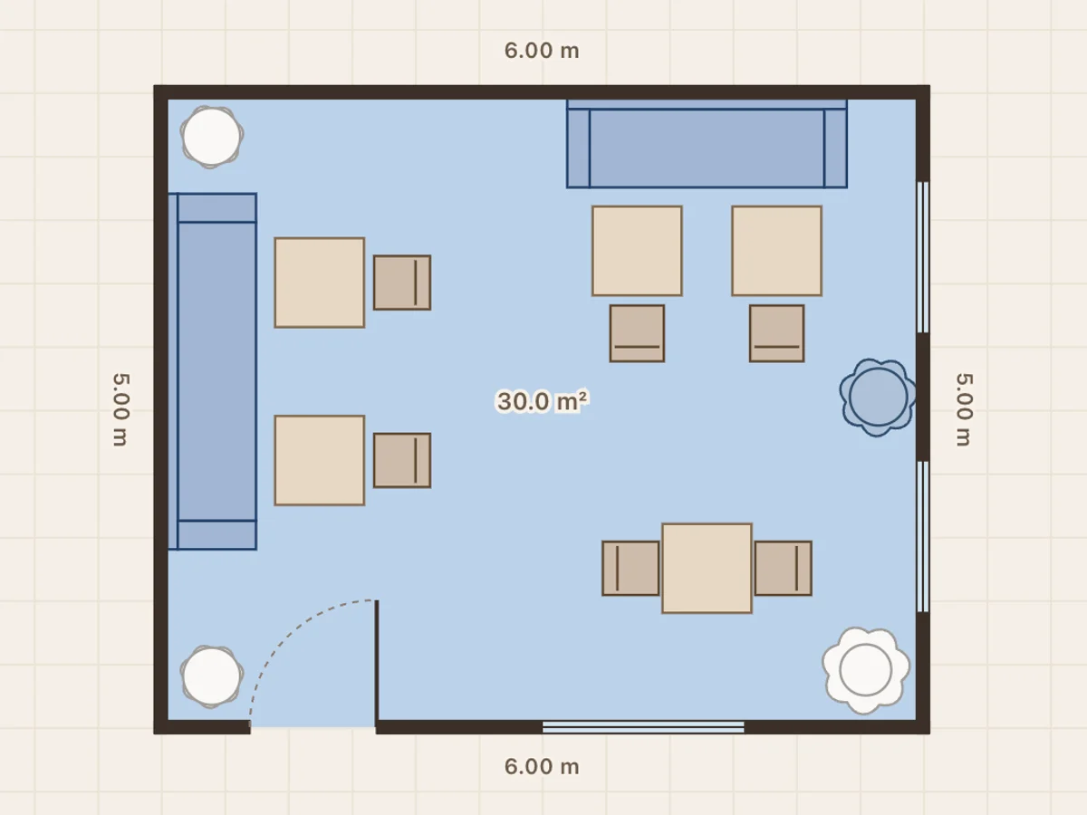 Booth café floor plan: 30 m², 323 ft², 2 booths + 6 chairs