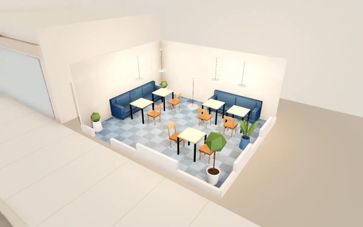 Booth café: 3D view of the layout from above