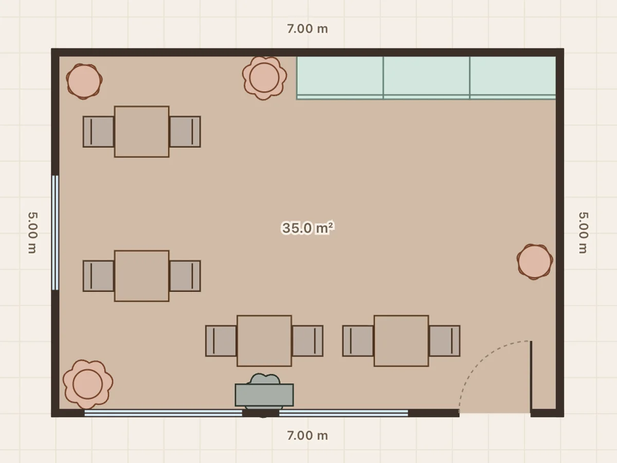 Brick café floor plan: 35 m², 377 ft², 8 seats
