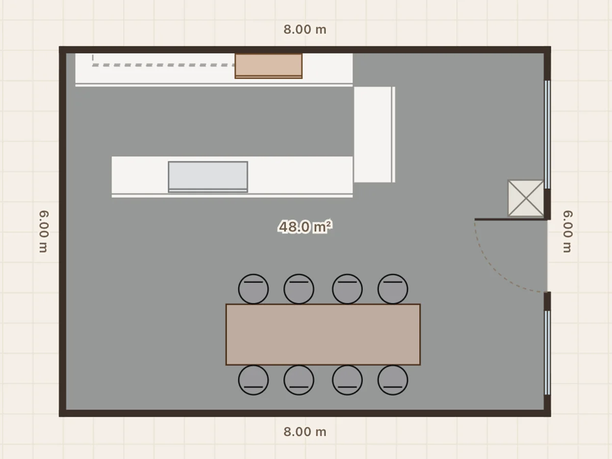 Corner bakery floor plan: 48 m², 517 ft², 8 seats