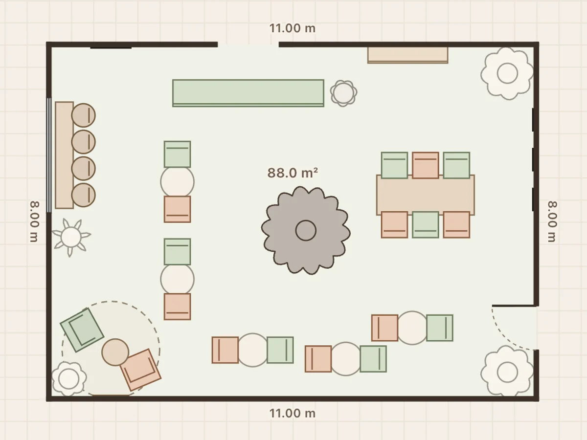 Garden café floor plan: 88 m², 947 ft², 22 seats