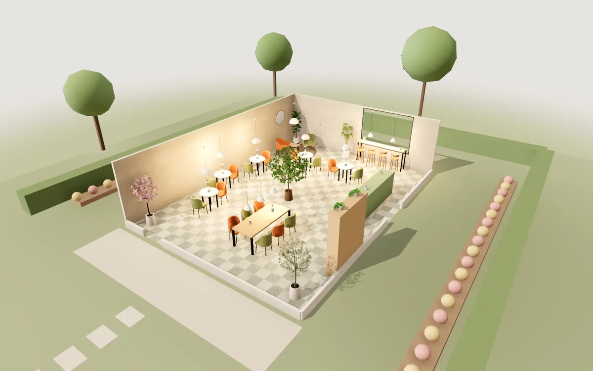 Garden café: 3D view of the layout from above