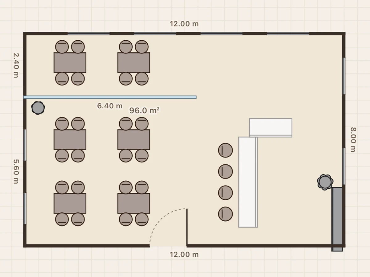 Industrial bistro floor plan: 96 m², 1,033 ft², 28 seats