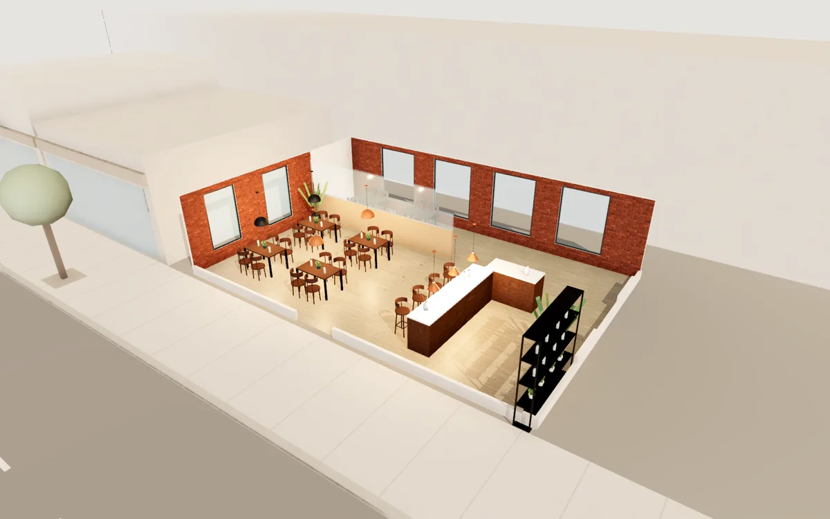 Industrial bistro: 3D view of the layout from above
