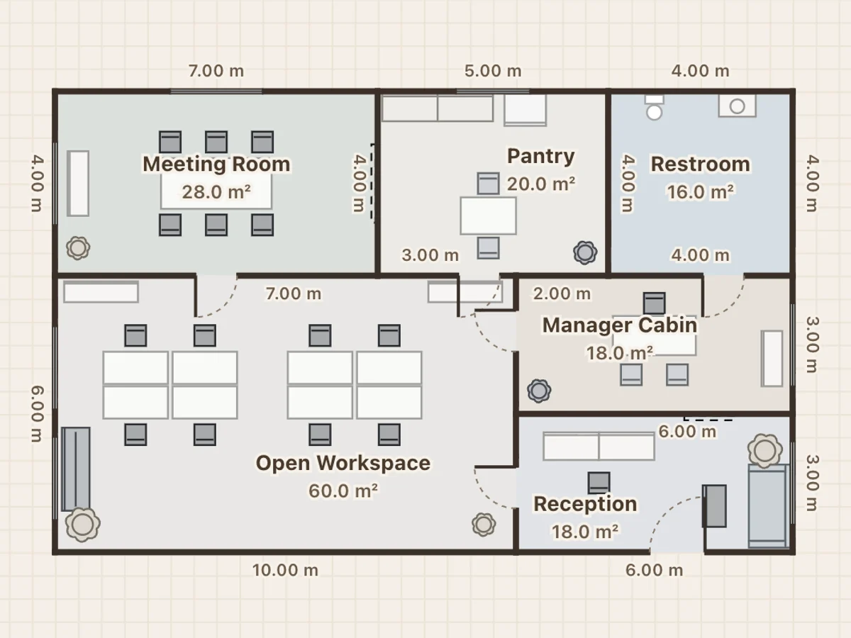 Office floor floor plan: 160 m², 1,722 ft², 20 seats