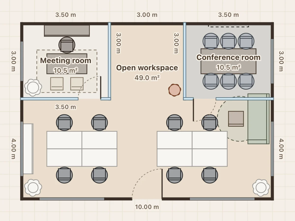 Open-plan office floor plan: 70 m², 753 ft², 8 desks + meeting room