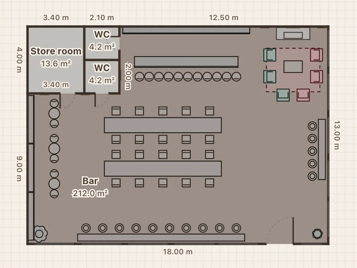 Dark tavern bar floor plan: 234 m², 2,519 ft², 58 seats