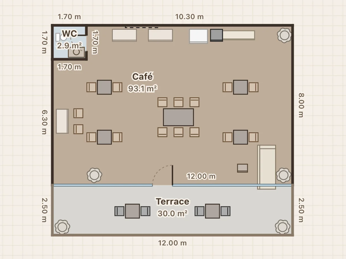 Café with terrace floor plan: 126 m², 1,356 ft², 20 seats