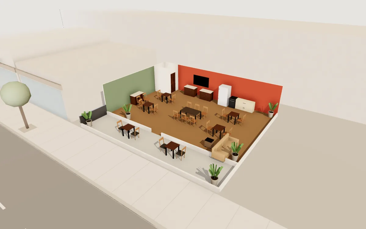 Café with terrace: 3D view of the layout from above