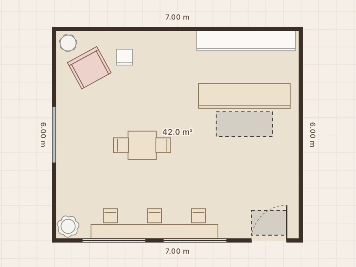 White café floor plan: 42 m², 452 ft², 6 seats