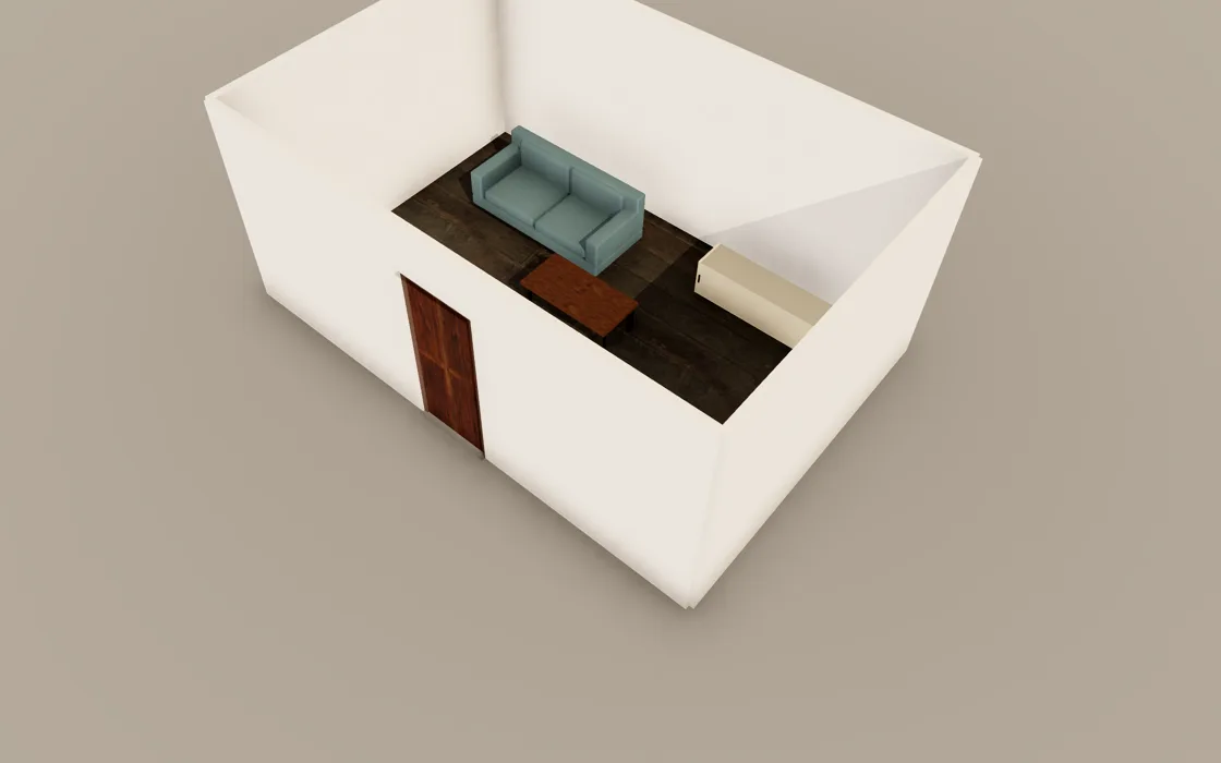 A furnished room in Loftcraft with a sofa, table and cabinet