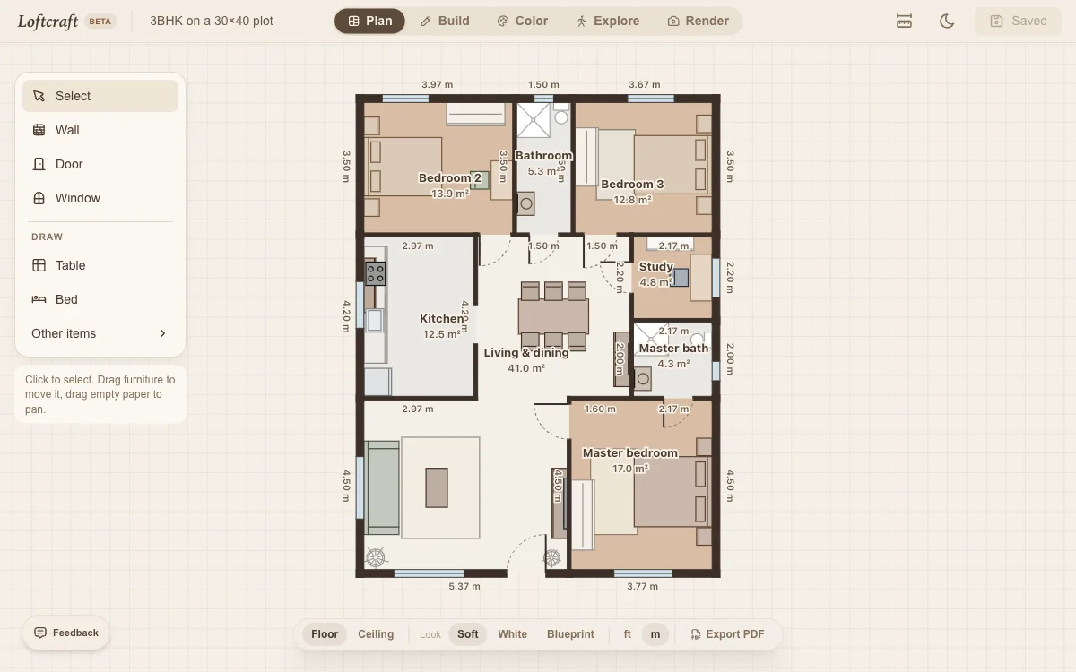 A 3BHK floor plan in Loftcraft with wall lengths, room names and areas