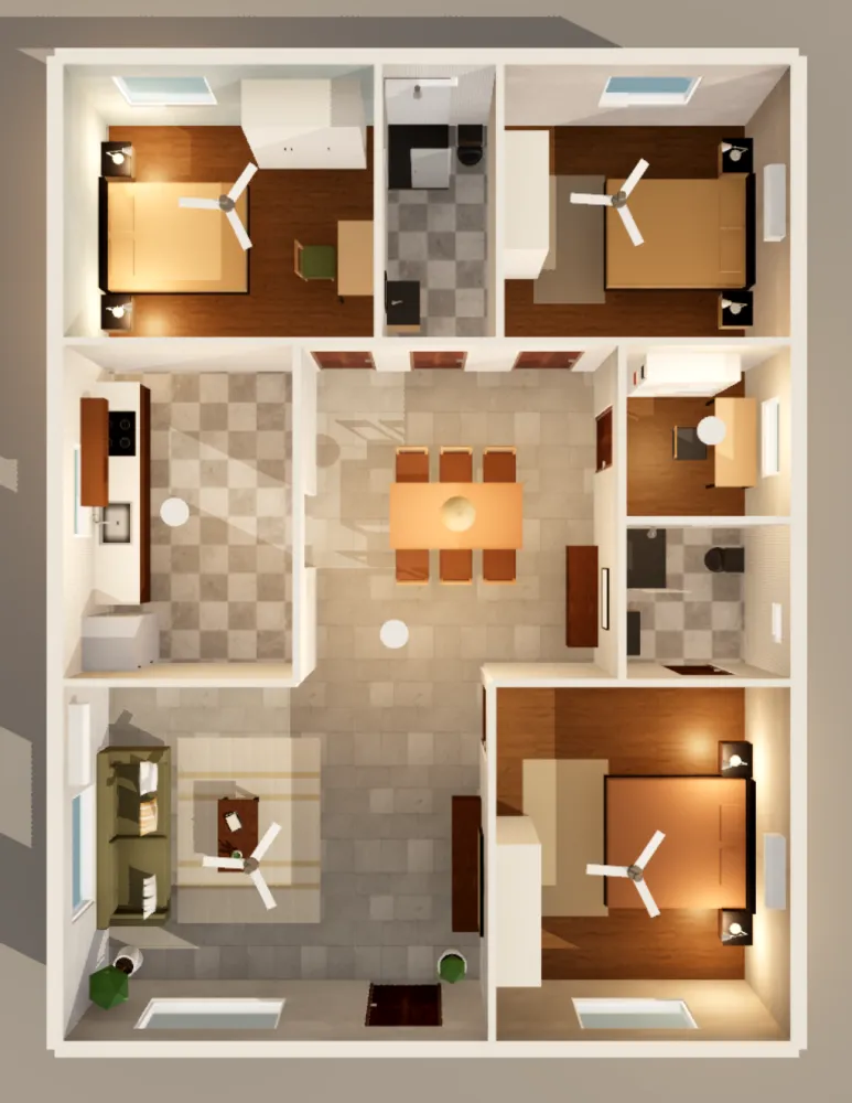 The same 3BHK house in 3D, seen from above