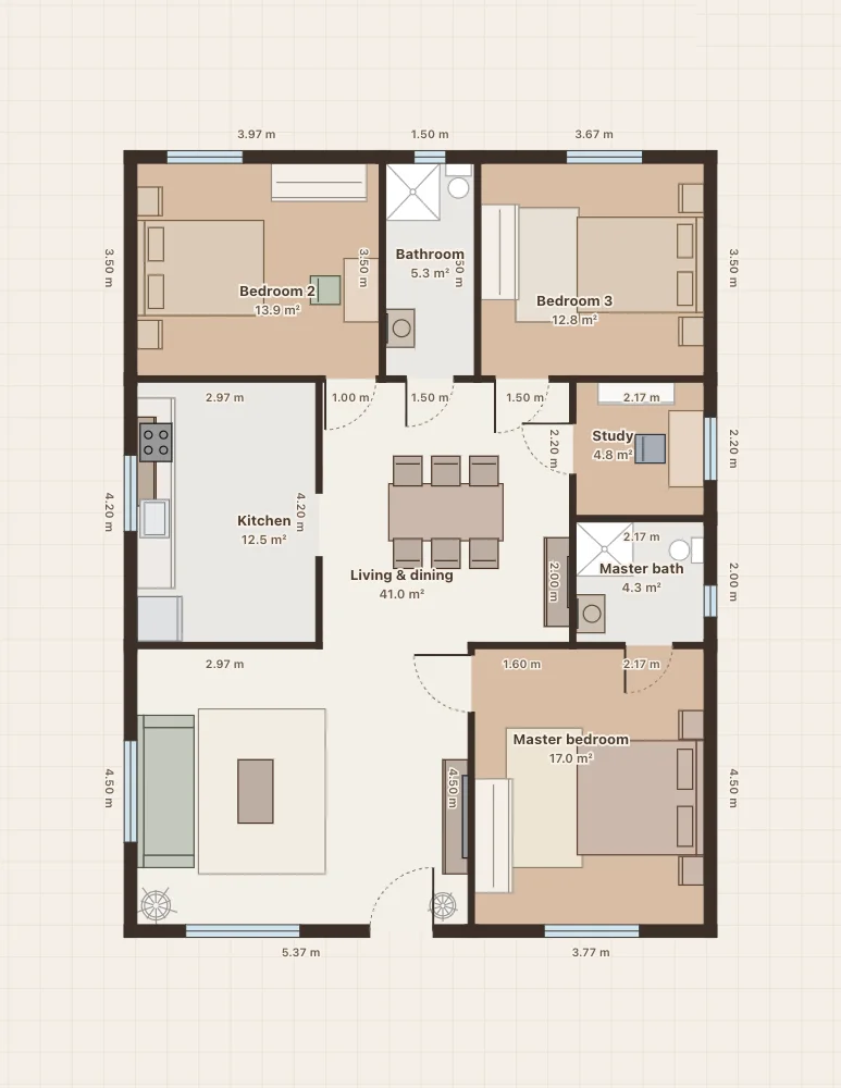A 3BHK floor plan drawn in 2D